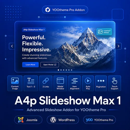 A4p Slideshow Max 1 Addon for YOOtheme Pro with advanced slideshow layouts, extra text fields and modal links